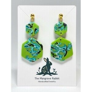 Handmade Bright Green & Blue Large Polymer Clay Dangle Earrings Stainless Posts